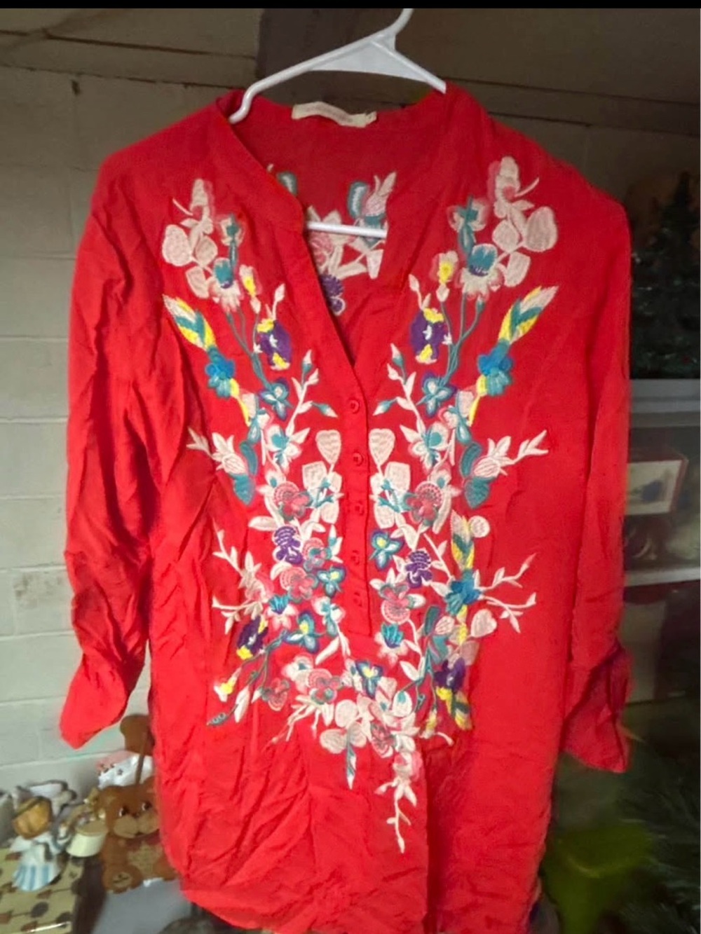 Red Embroidered V-Neck Tunic Top